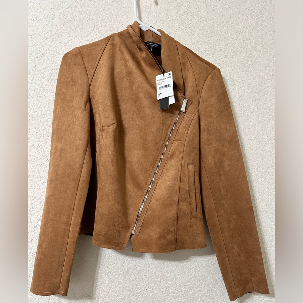 Tahari Faux Leather Moto Jacket Size XS/TP Camel Brown  Suede Open Front NEW